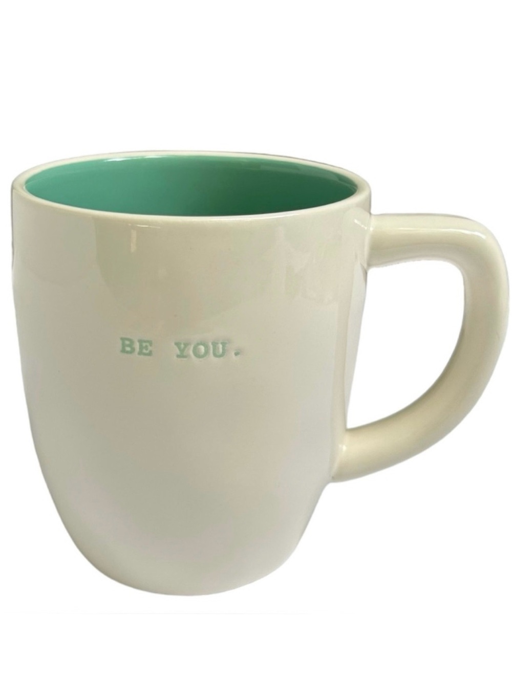 Rae Dunn BE YOU Mug Coffee Tea White with Teal Letters and Interior Dimples 2017